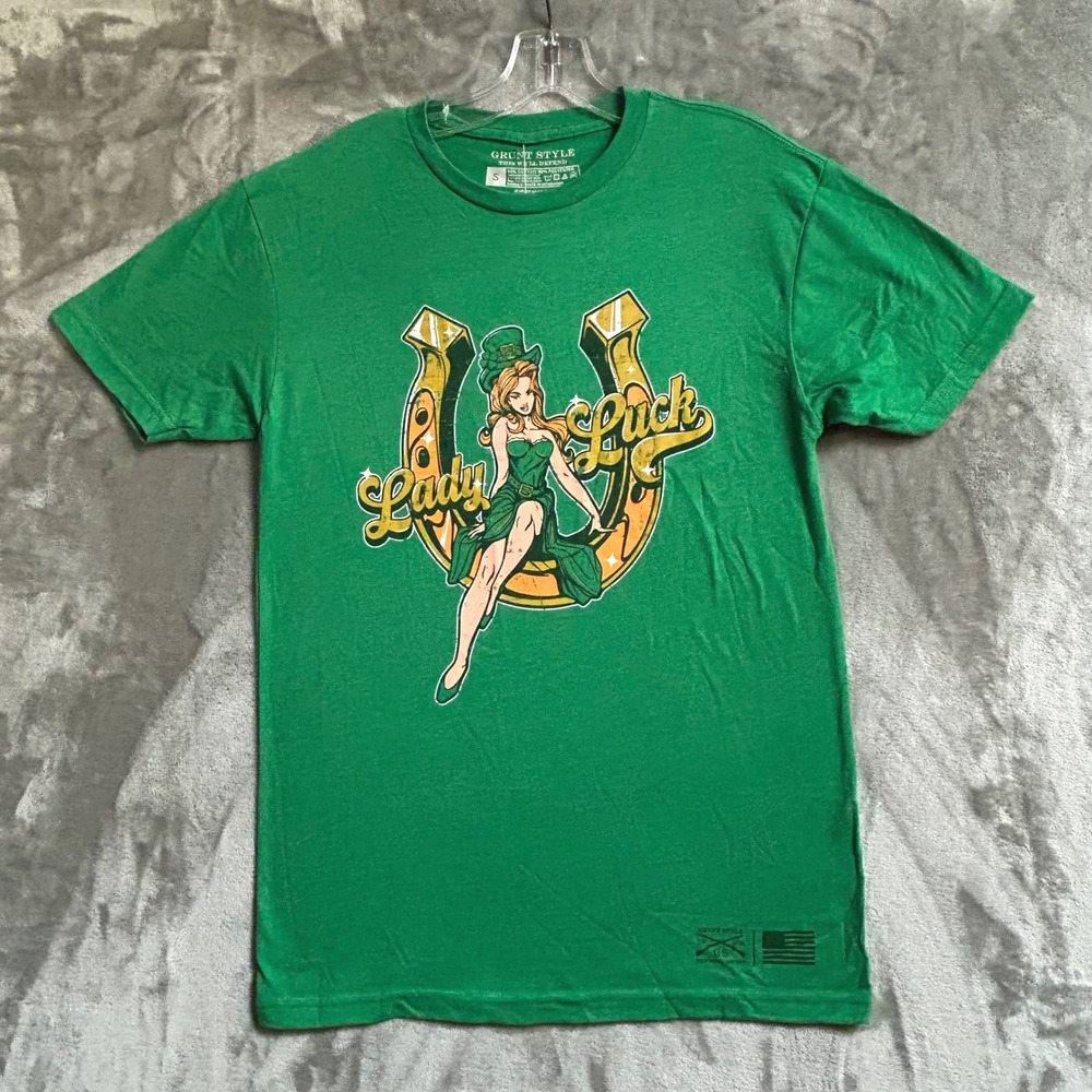 Grunt Style Mens Lady Luck Horseshoe Pin-Up Graphic Tee Green Small NWT